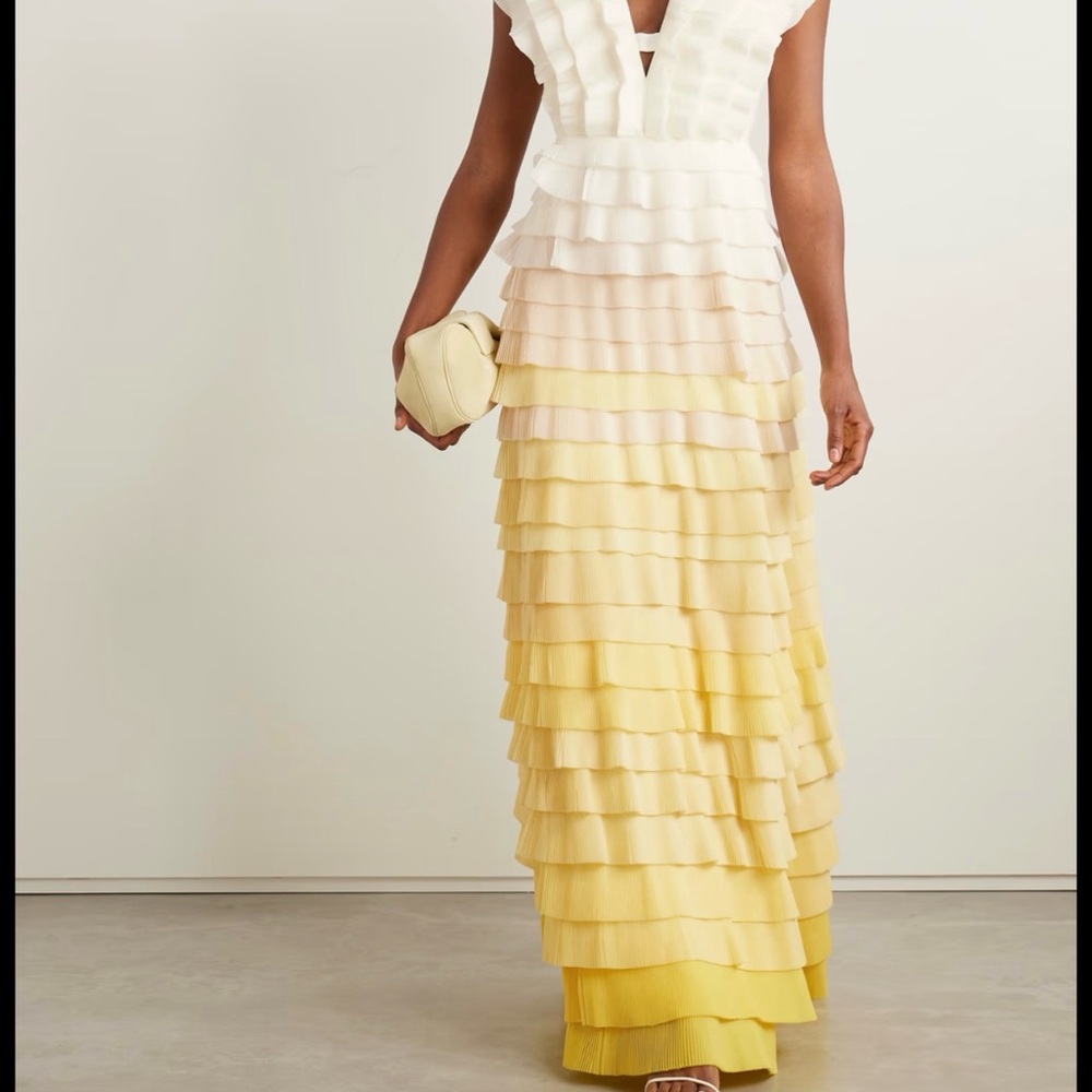 Aje Reflections Ombré Gown -Pleated Ruffle Tiered Dress in Cream and Yellow MOB - Picture 7 of 14